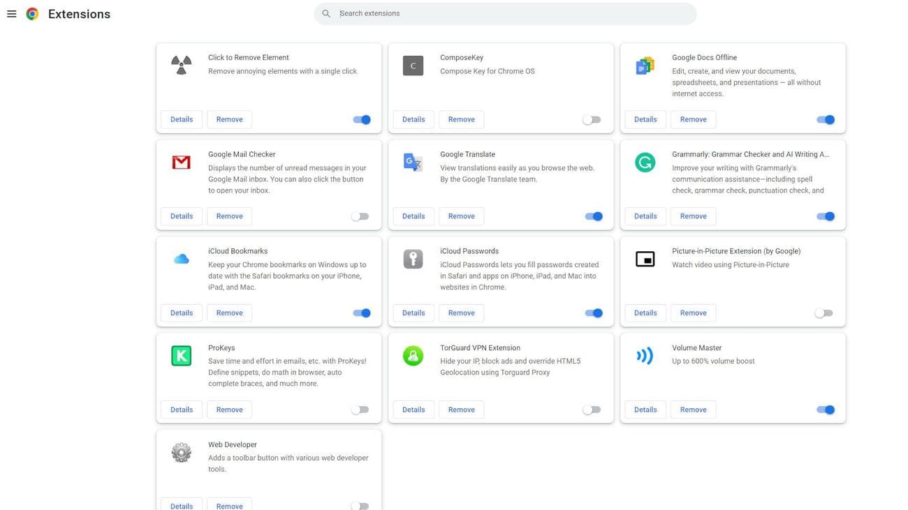 A screenshot of Chrome browser installed extensions