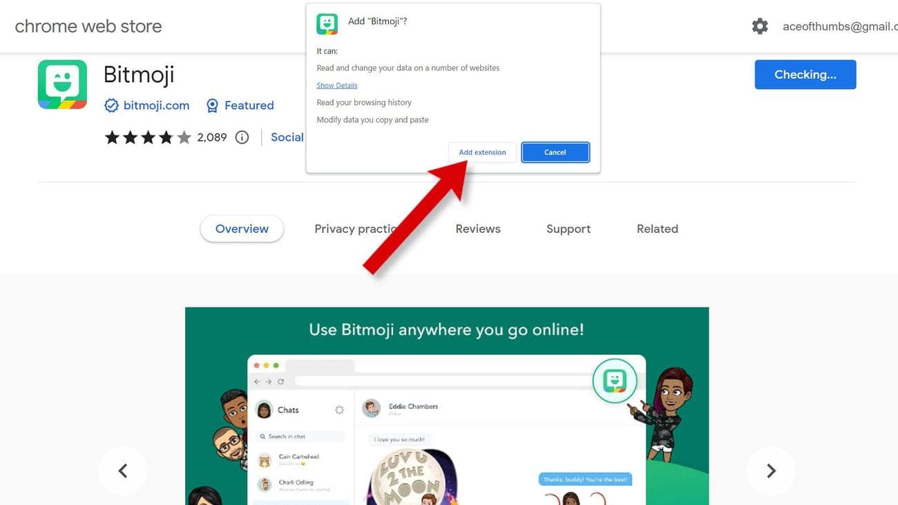 A screenshot of the confirmation window for the Bitmoji extension in the Chrome Web Store