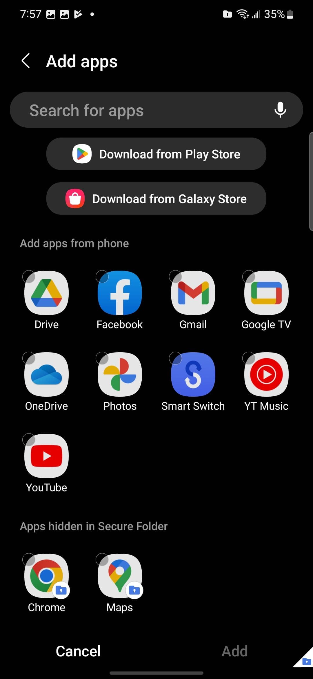 Η οθόνη προσθήκης εφαρμογών στον Ασφαλή φάκελο