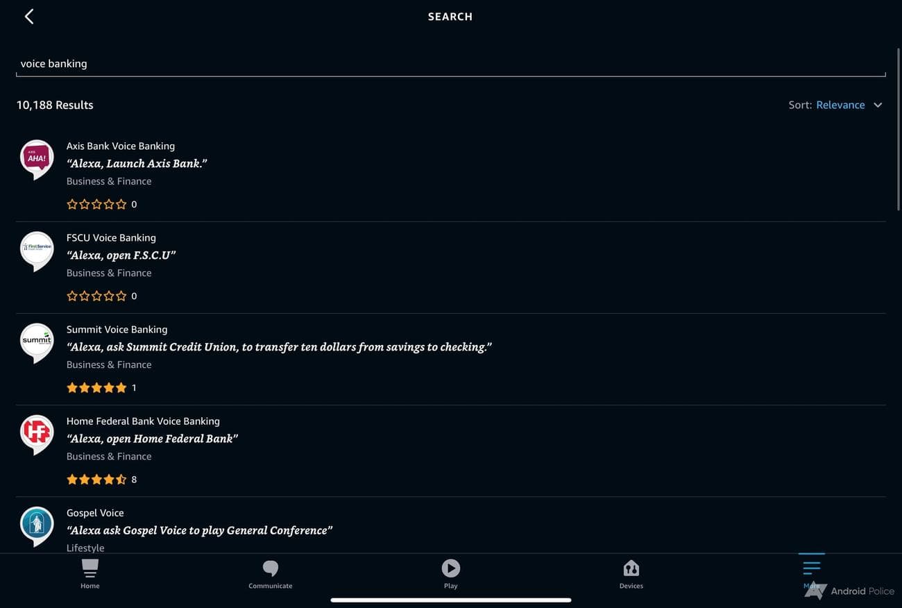 Αποτελέσματα αναζήτησης Alexa Voice Banking στο Alexa Skills.