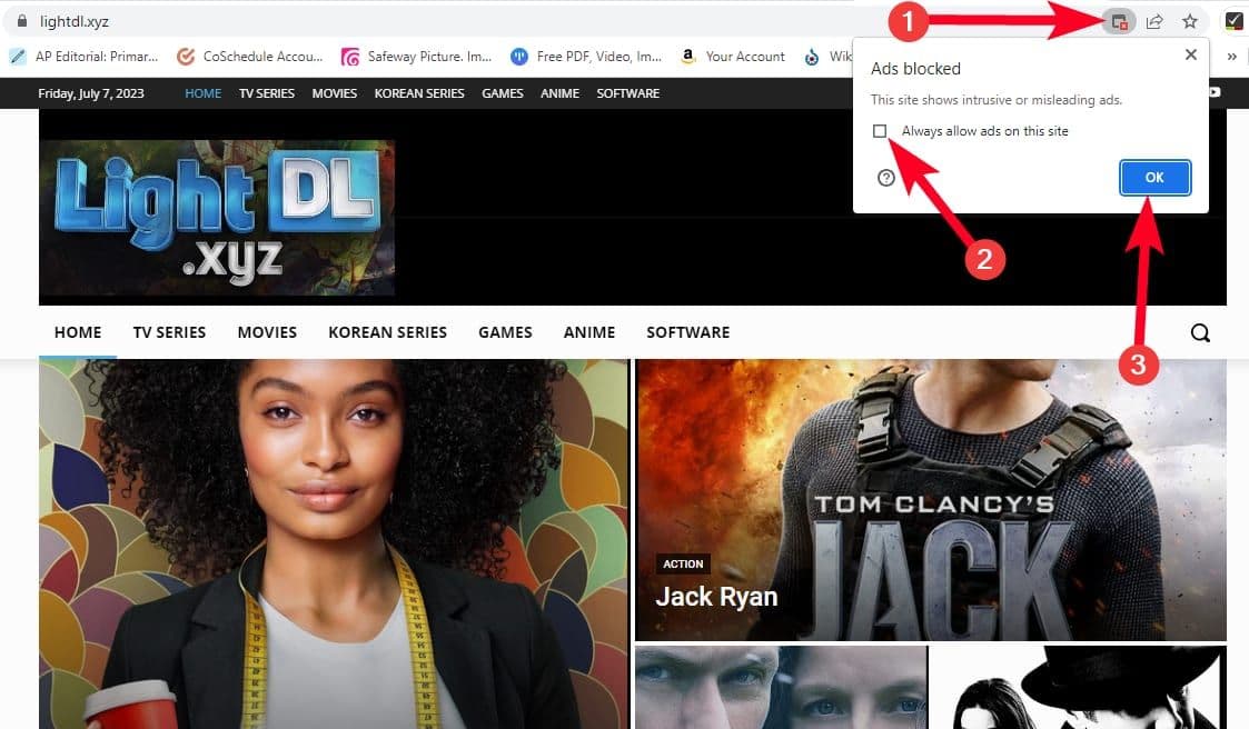 Επιτρέπονται τα αναδυόμενα παράθυρα για έναν ιστότοπο ταινίας στη γραμμή διευθύνσεων του Chrome σε έναν υπολογιστή