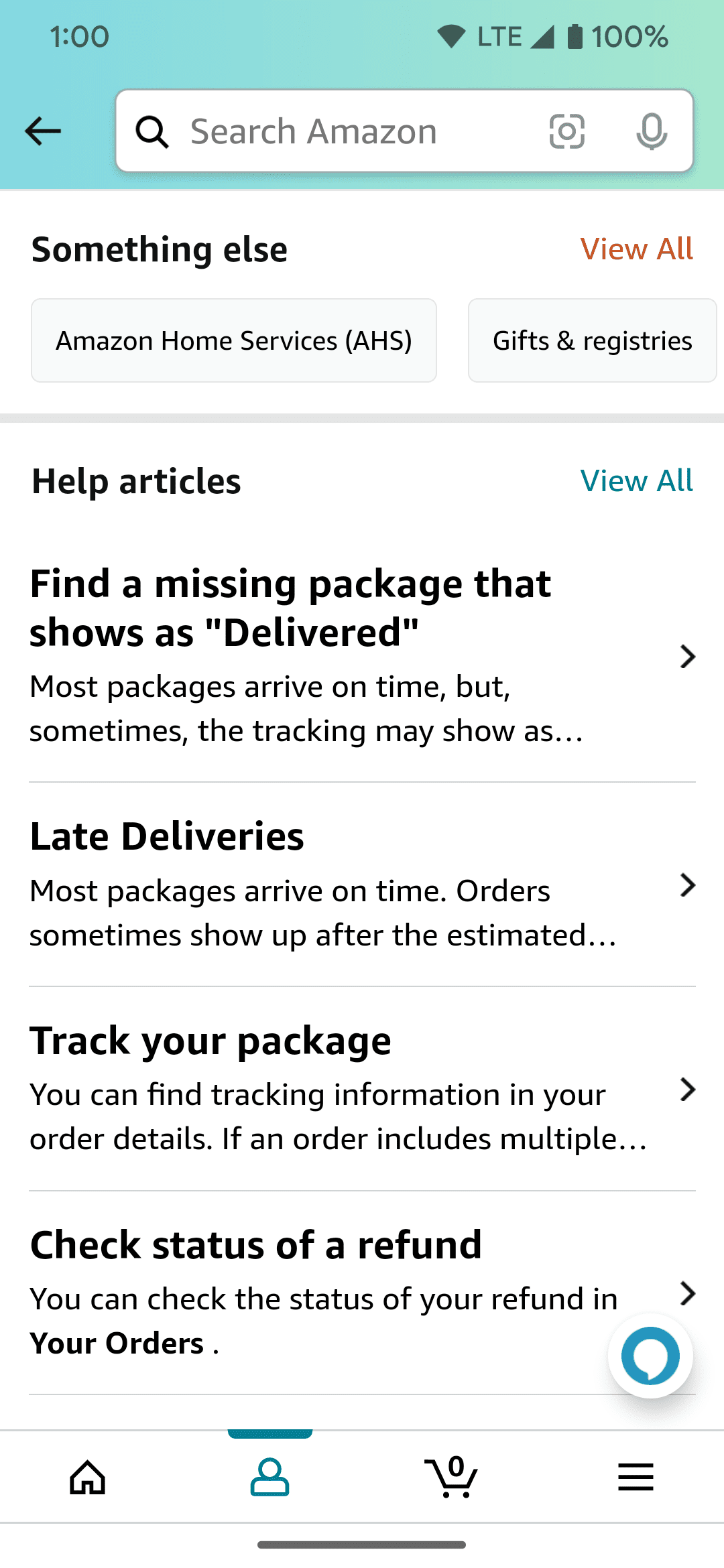 Η επιλογή Κάτι άλλο που οδηγεί στο chatbot του Amazon στην εφαρμογή Android