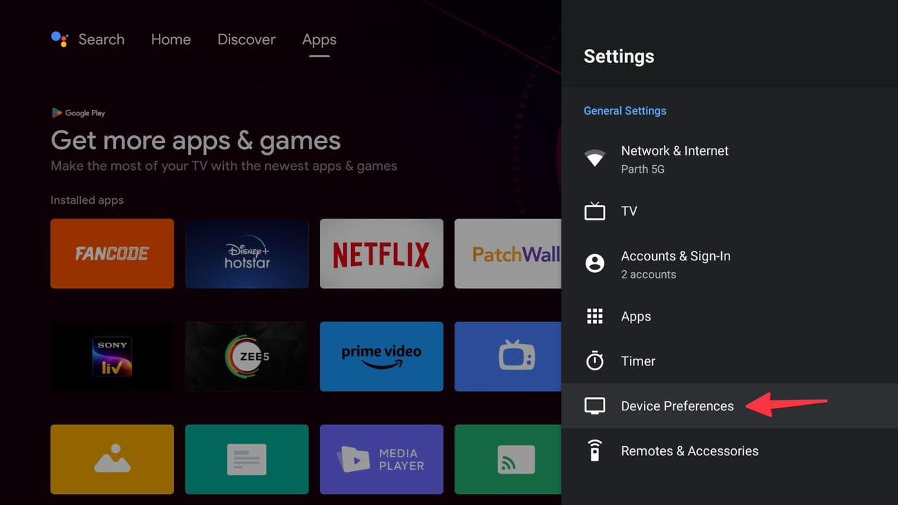 ανοίξτε τις προτιμήσεις συσκευής στο Android TV