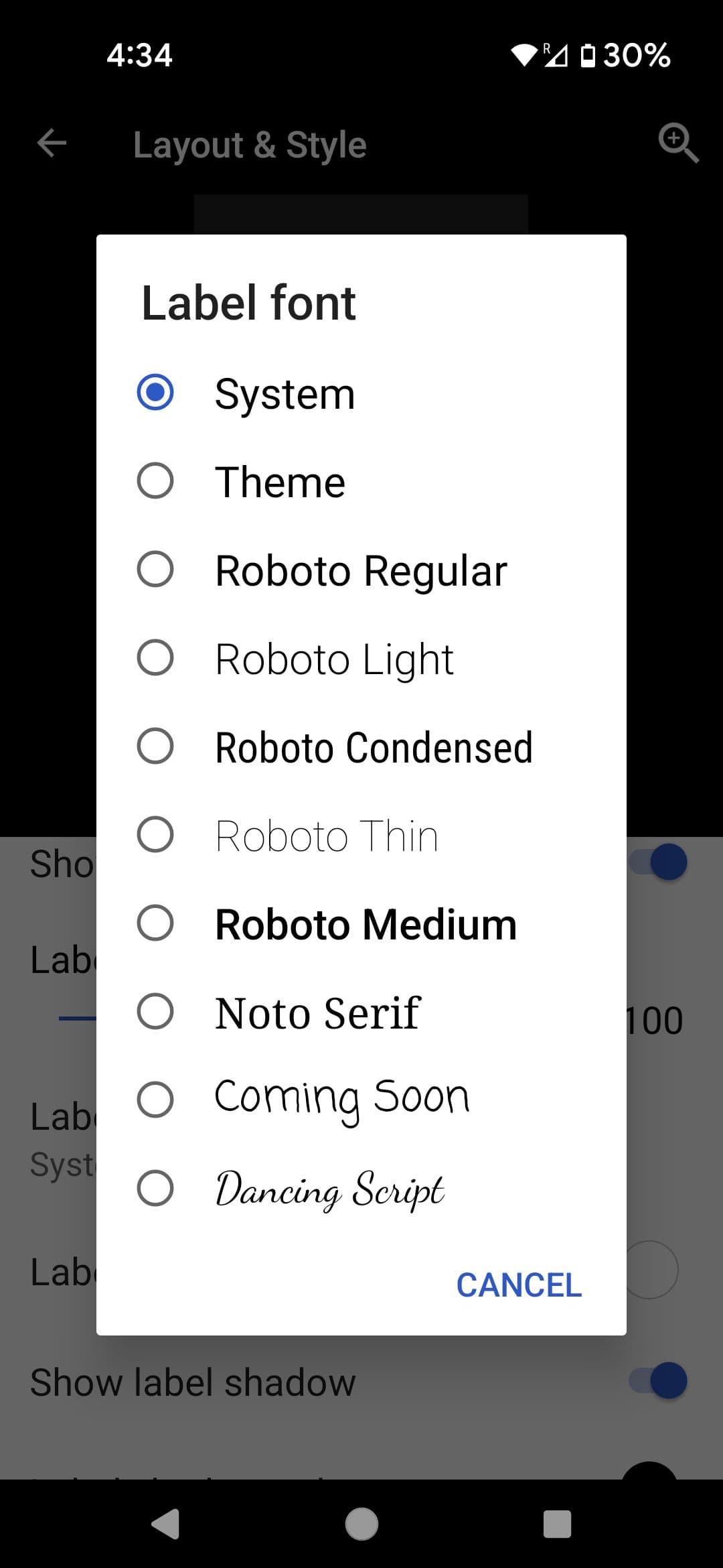 Μενού γραμματοσειράς Apex Launcher Label