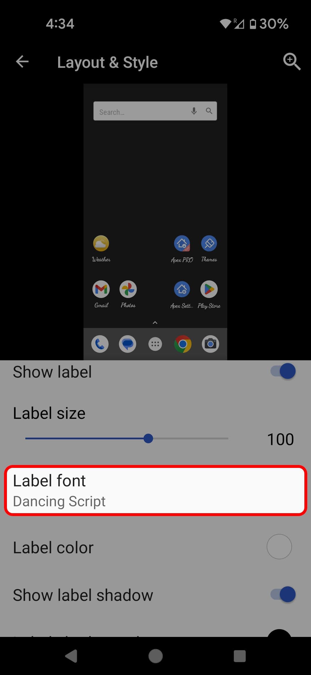 Μενού Apex Launcher Layout & Style που επισημαίνει την επιλογή γραμματοσειράς Label