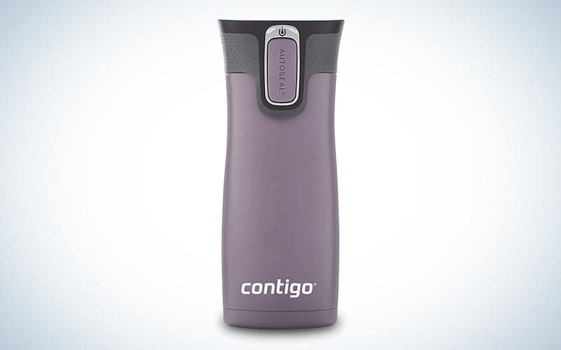 A purple Contigo West Loop travel mug on a blue and white background