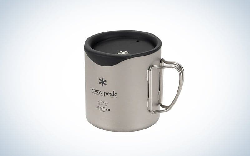 A titanium Snow Peak mug on a blue and white background
