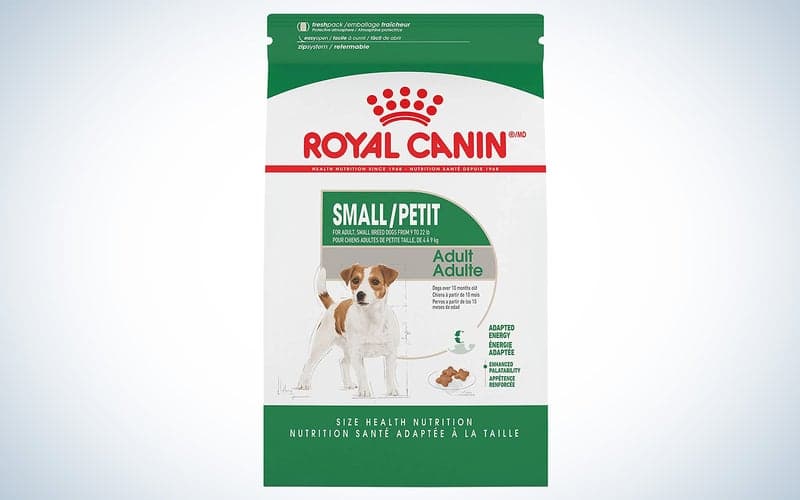 The best dog food for small breeds in its bag. Royal Canin bag