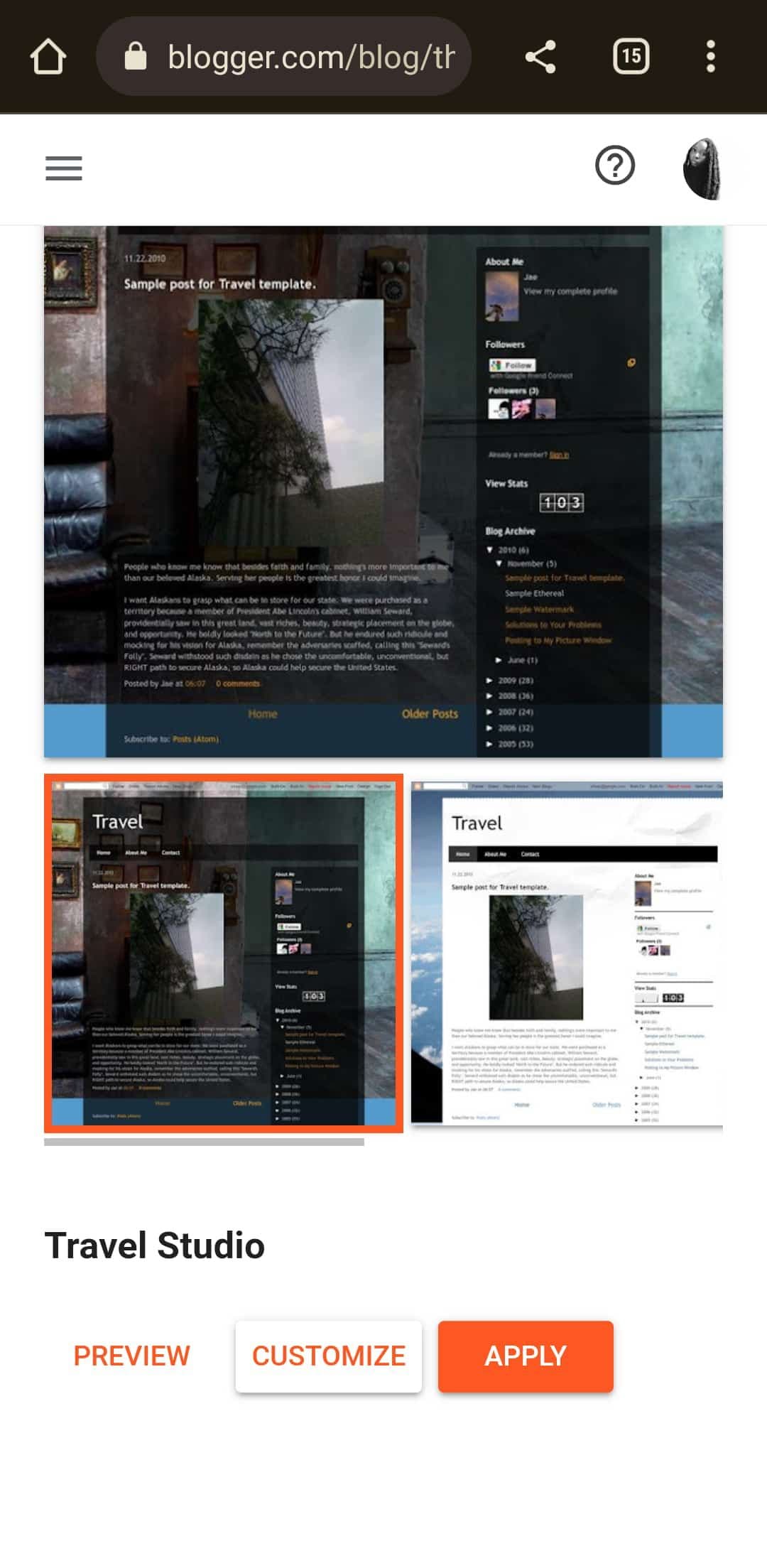 Blogger themes on Android Chrome browser