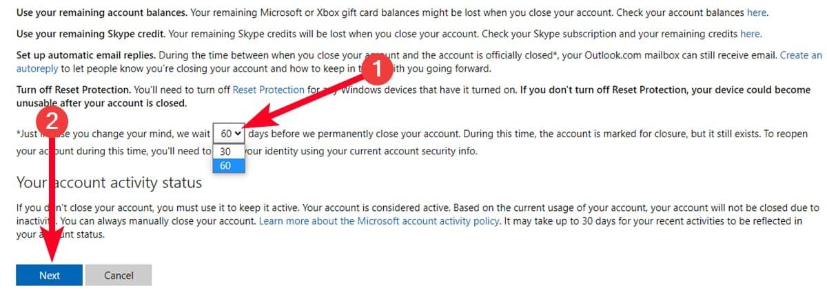 Επιλέγοντας το παράθυρο ανάκτησης λογαριασμού Microsoft πριν κλείσετε έναν λογαριασμό