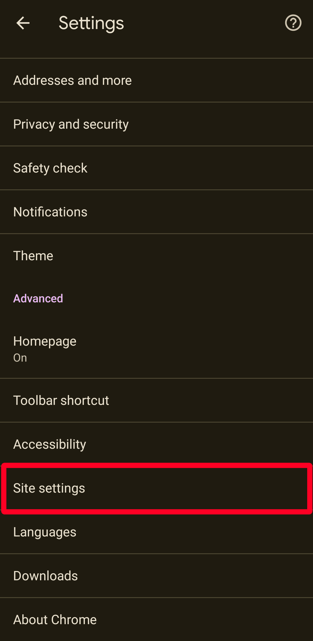 Μενού ρυθμίσεων Chrome στο Android