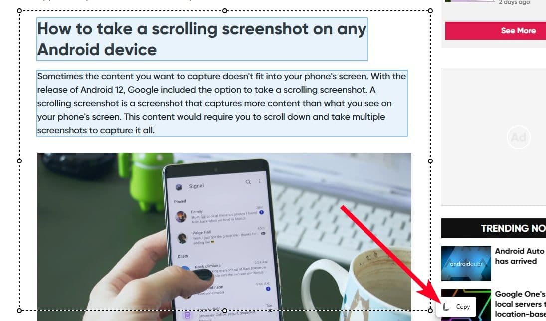 Αντιγραφή εικόνας και κειμένων στον ιστότοπο Android Police με επιλογή Web στο Microsoft Edge