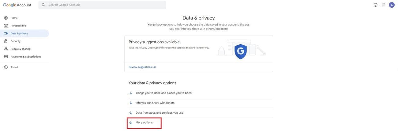 Στιγμιότυπο οθόνης που δείχνει Περισσότερες επιλογές στις ρυθμίσεις λογαριασμού Google