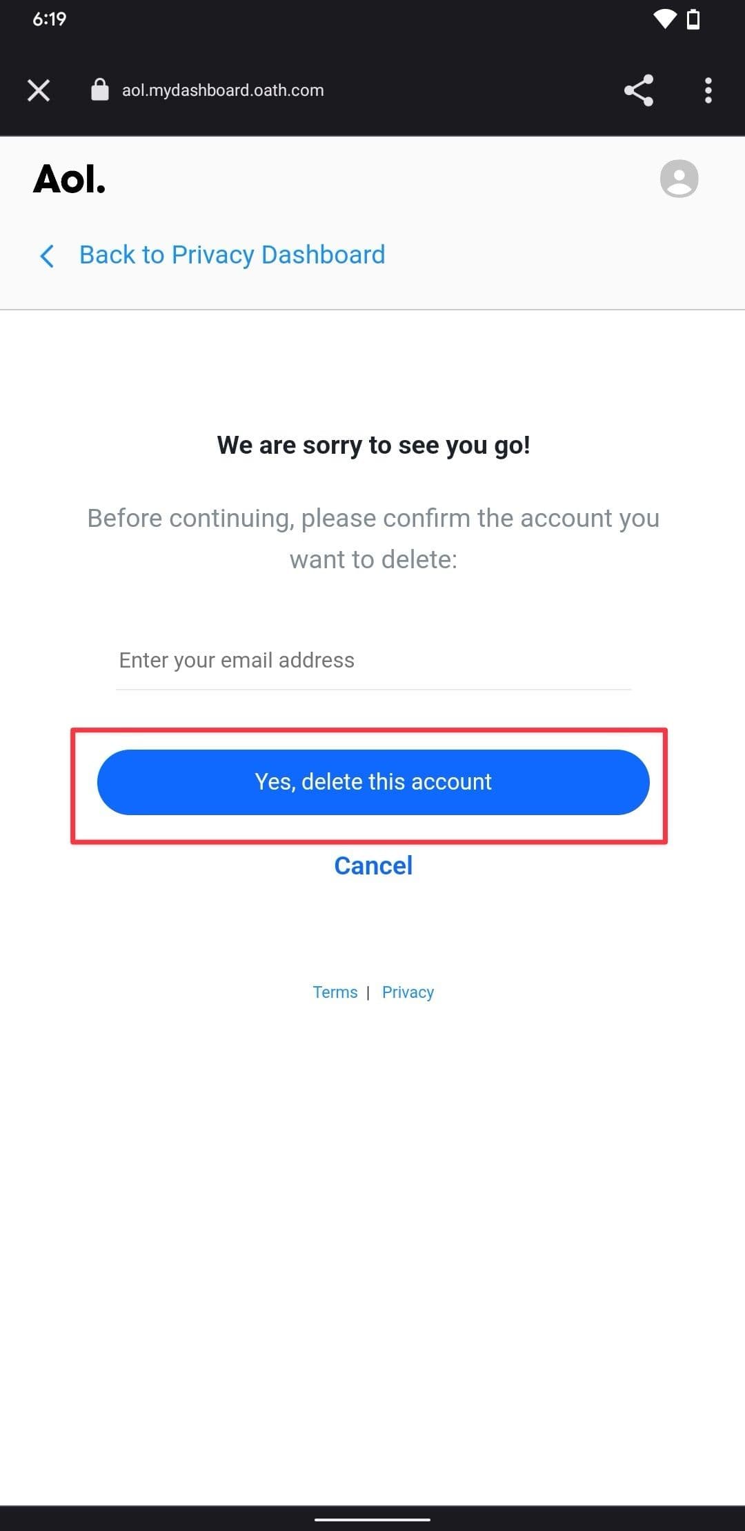 Στιγμιότυπο οθόνης σελίδας επιβεβαίωσης διαγραφής λογαριασμού AOL για κινητά