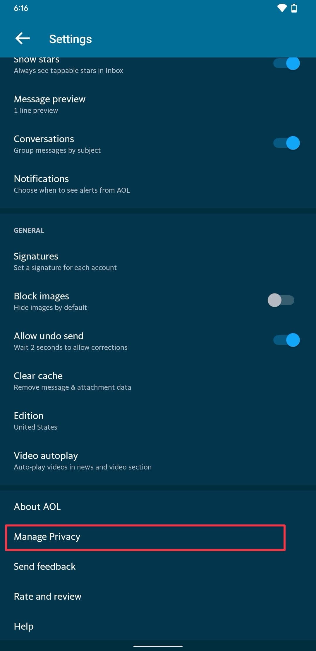 Στιγμιότυπο οθόνης της σελίδας Ρυθμίσεις εφαρμογής Android AOL που δείχνει την επιλογή Διαχείριση απορρήτου