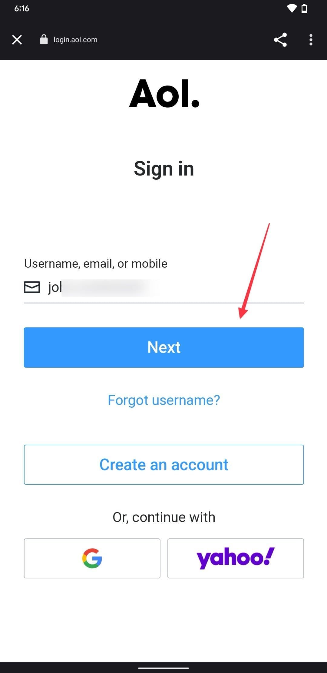 Στιγμιότυπο οθόνης σελίδας σύνδεσης για κινητά της AOL