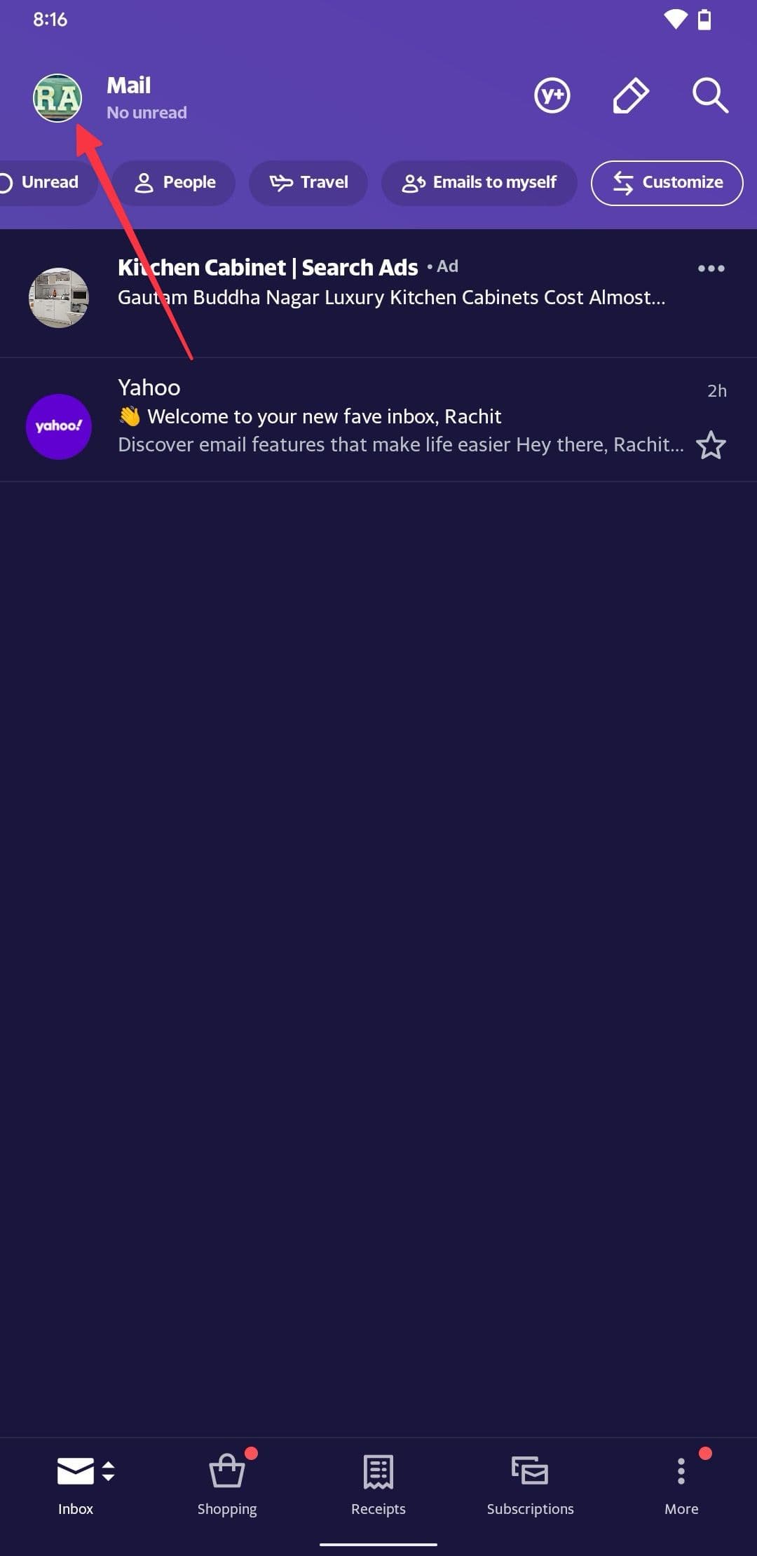 Στιγμιότυπο οθόνης αρχικής σελίδας Yahoo Mail