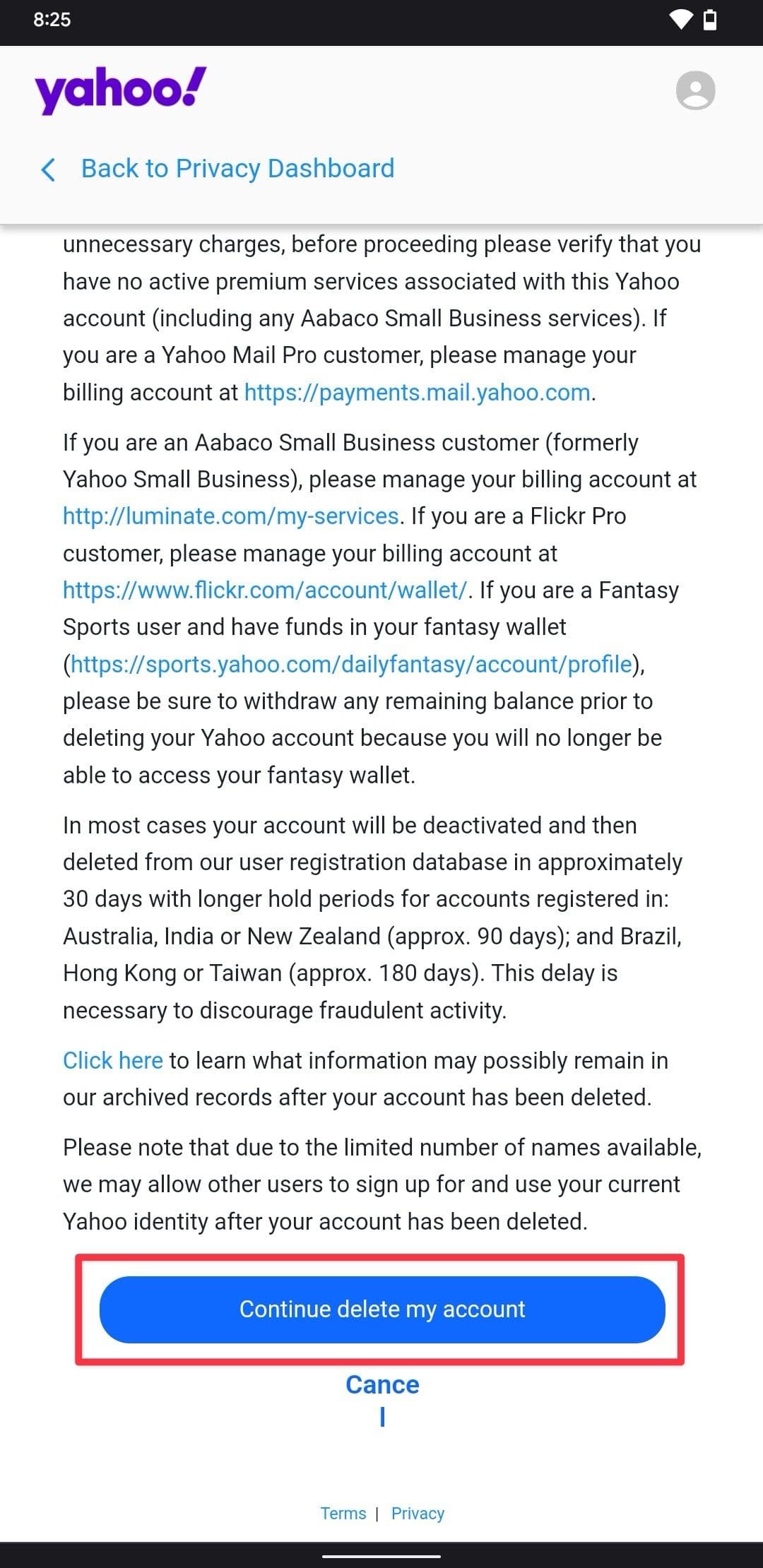 Η Yahoo συνεχίζει να διαγράφει στιγμιότυπο οθόνης της σελίδας του λογαριασμού μου