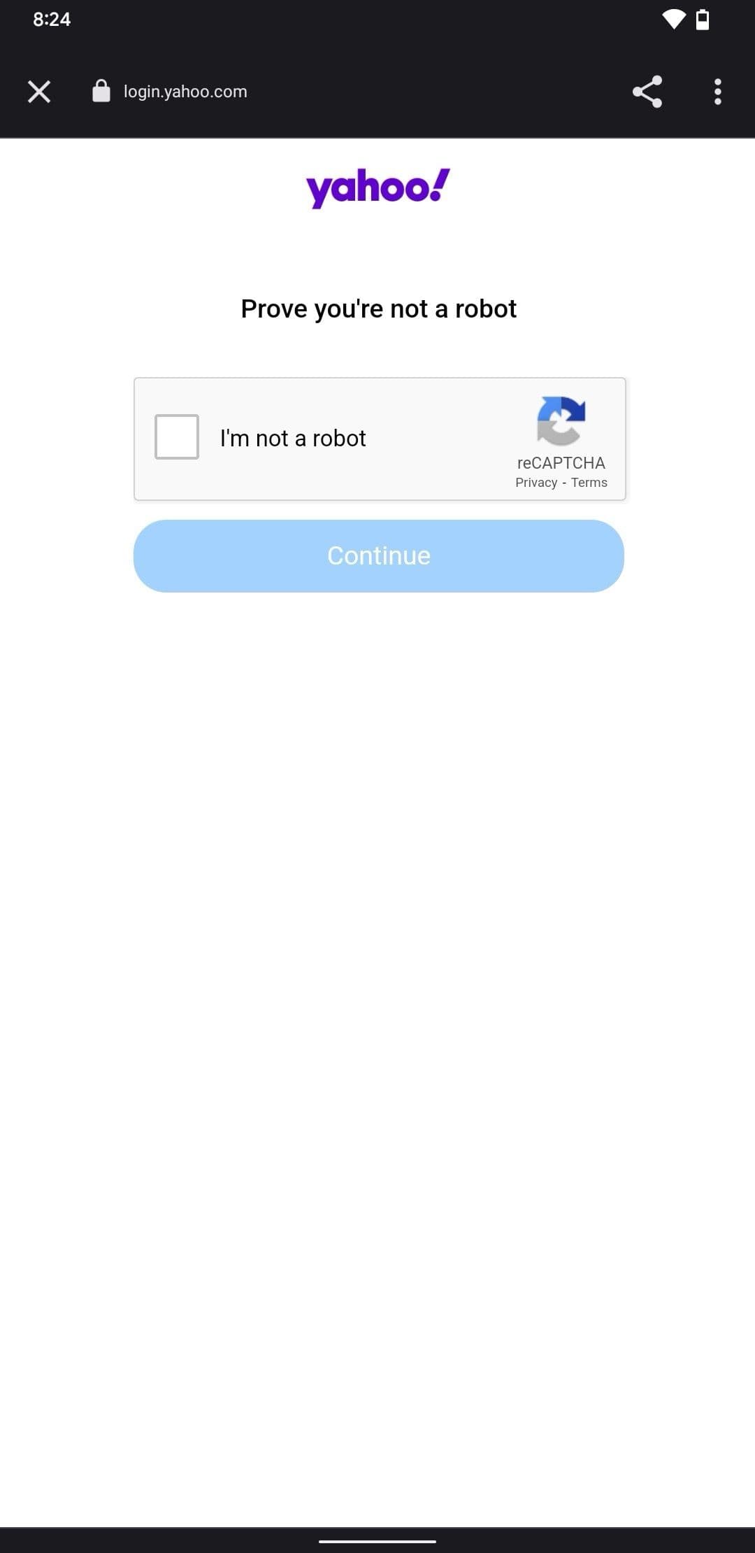Στιγμιότυπο οθόνης σύνδεσης λογαριασμού Yahoo στη σελίδα reCAPTCHA