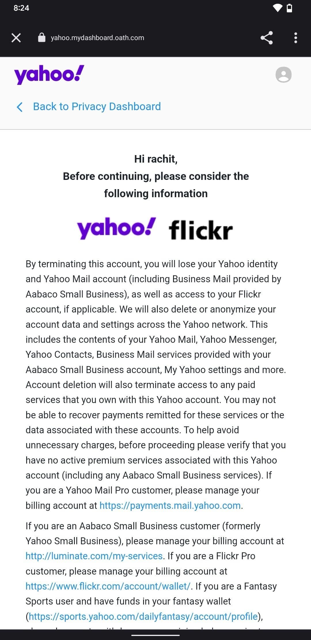 Στιγμιότυπο οθόνης σελίδας πληροφοριών διαγραφής λογαριασμού Yahoo