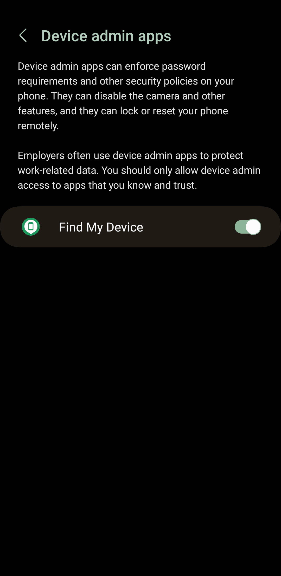 Device admin apps menu on Android phone