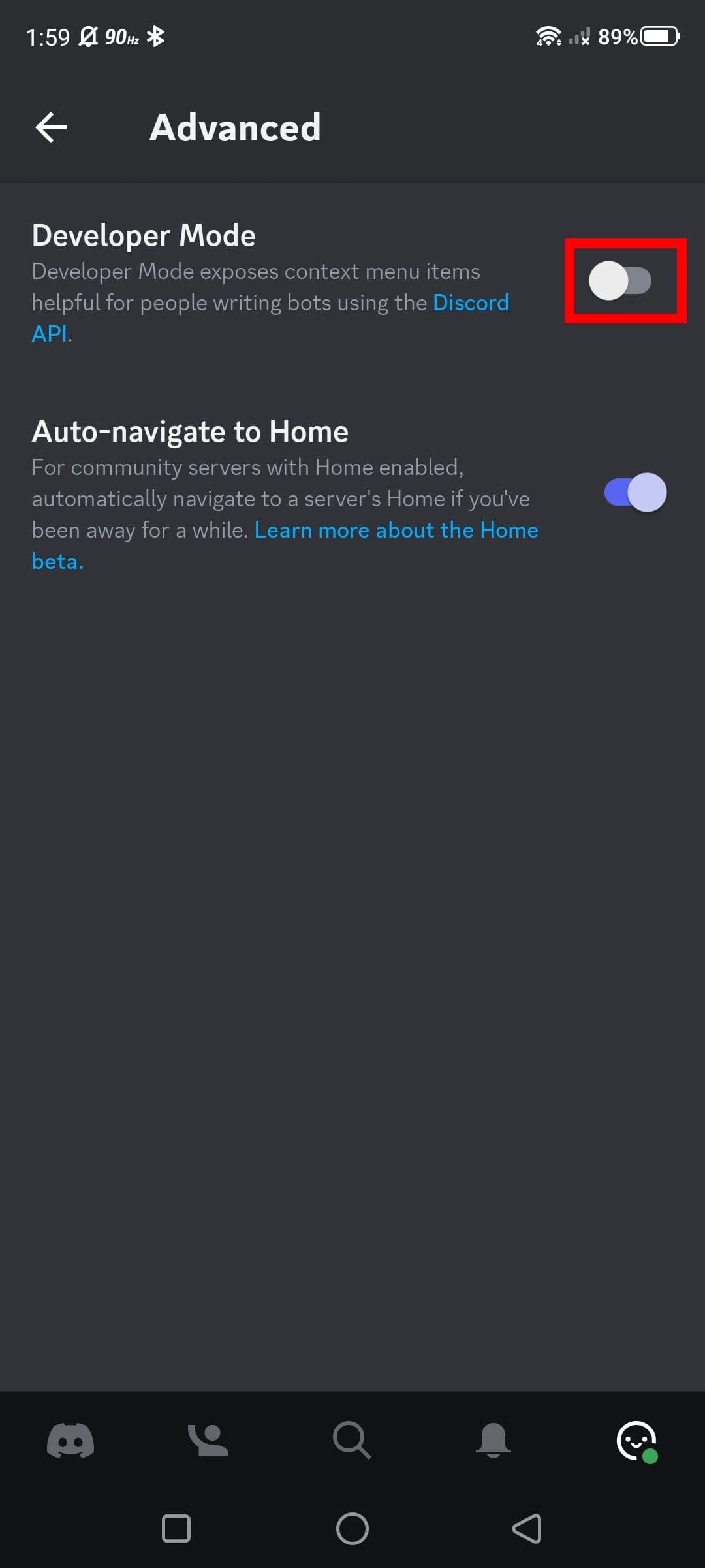 Κόκκινο ορθογώνιο περίγραμμα πάνω από τον διακόπτη εναλλαγής λειτουργίας προγραμματιστή στην εφαρμογή Discord για κινητά
