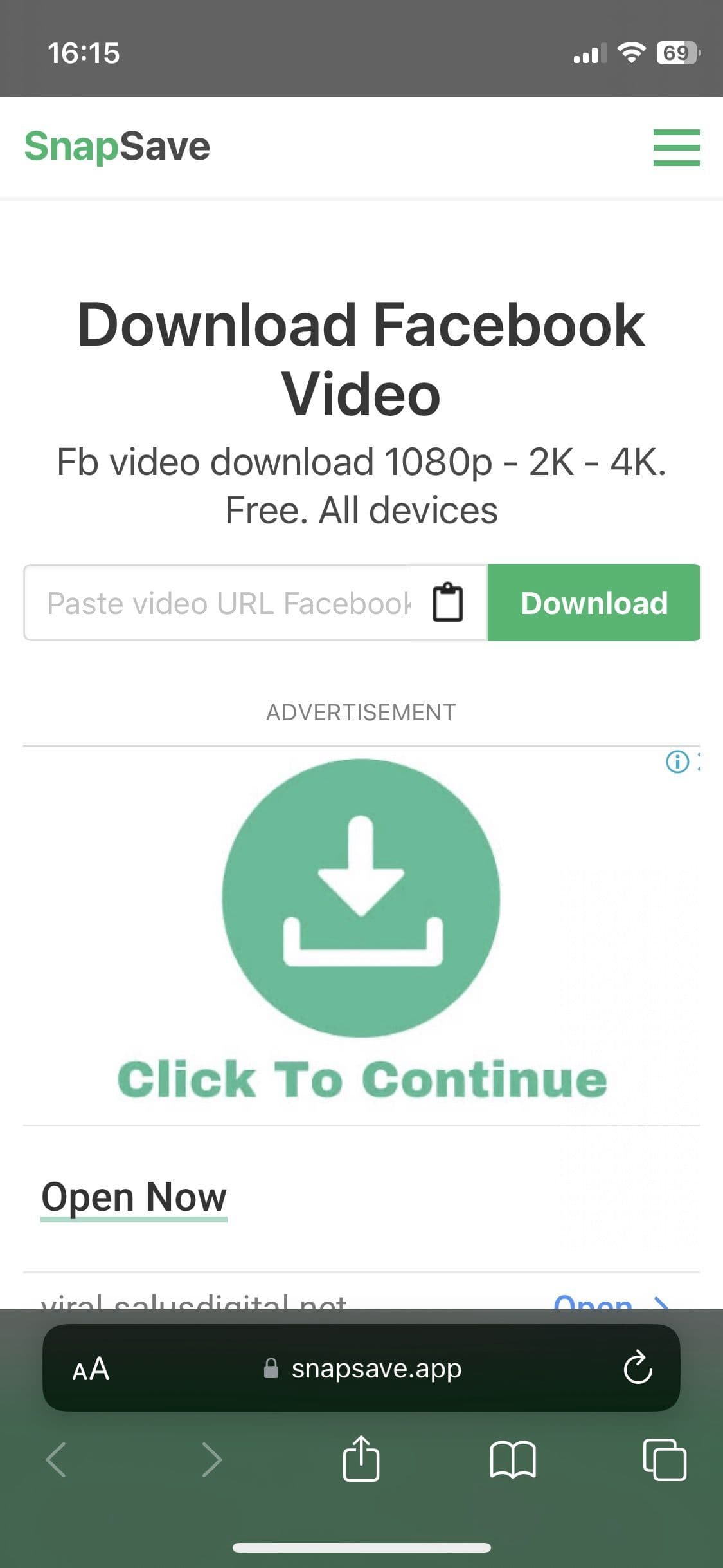 Στιγμιότυπο οθόνης αρχικής σελίδας ιστότοπου Snapsave