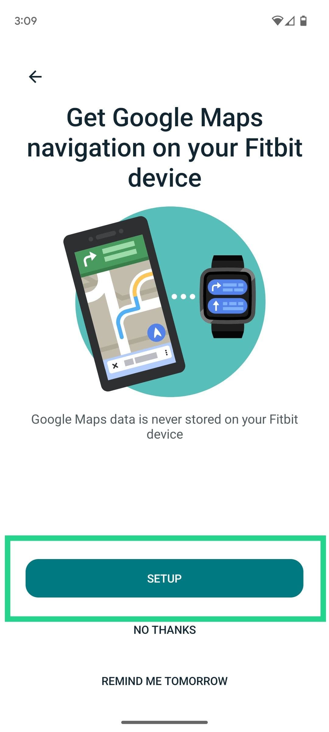 Η εφαρμογή Fitbit προτρέπει τον χρήστη να ρυθμίσει τους Χάρτες Google.