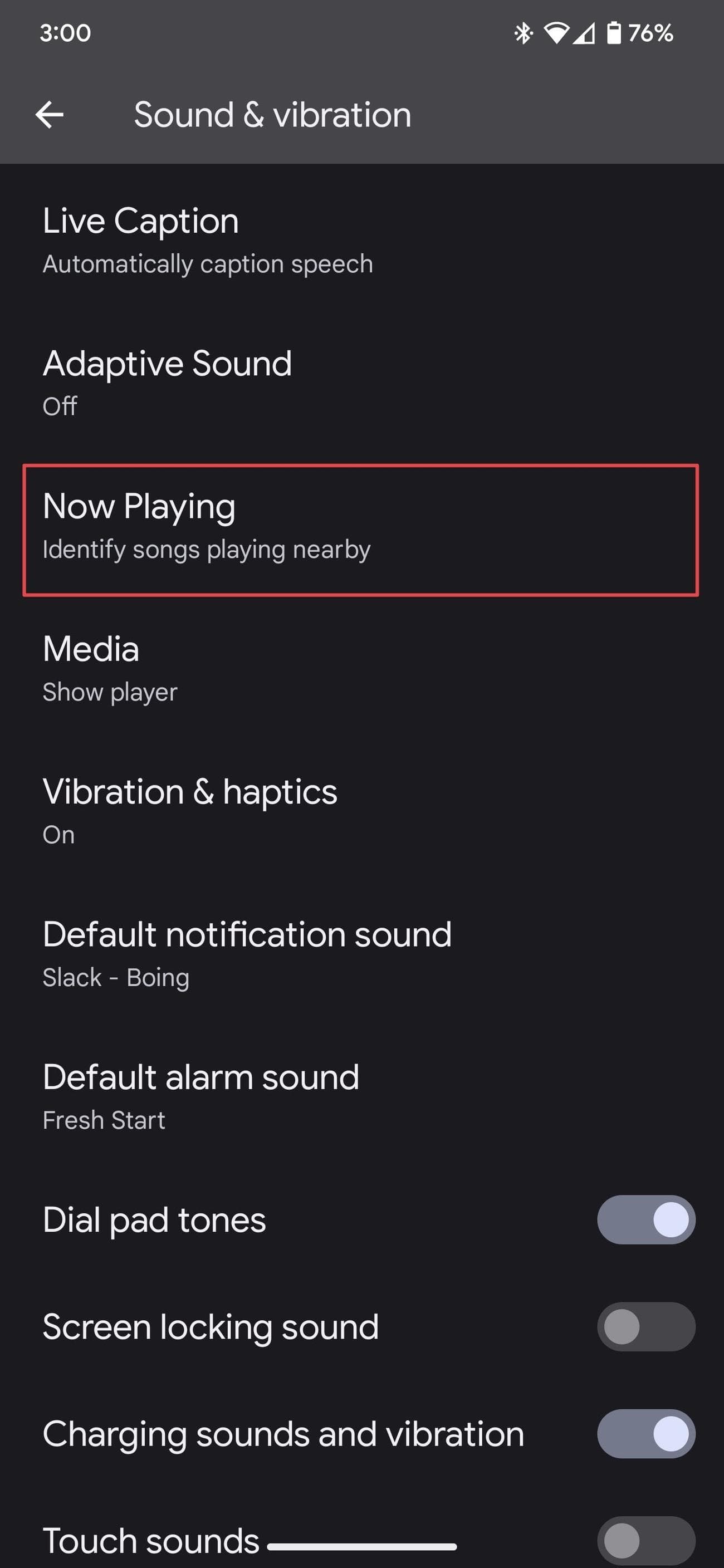 Η σελίδα ρυθμίσεων ήχων και κραδασμών Pixel εμφανίζει την επιλογή Αναπαραγωγή τώρα