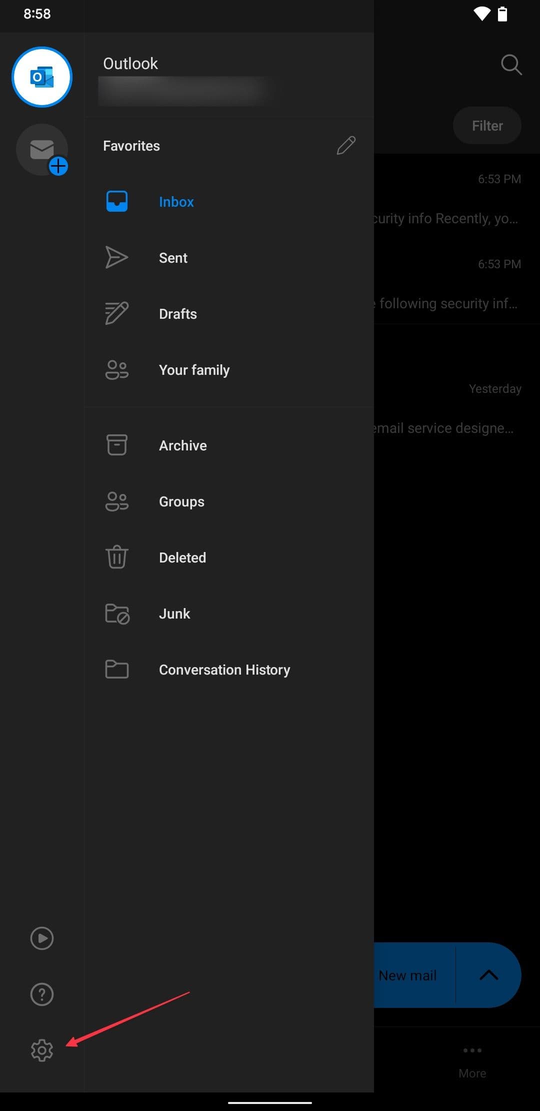 Εφαρμογή Outlook Android που εμφανίζει το εικονίδιο ρυθμίσεων