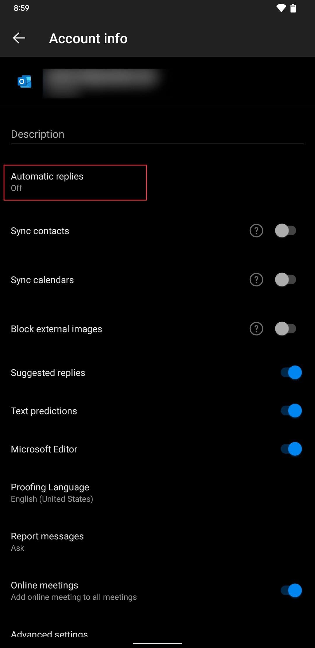 Στιγμιότυπο οθόνης εφαρμογής Outlook Android που δείχνει την επιλογή αυτόματων απαντήσεων