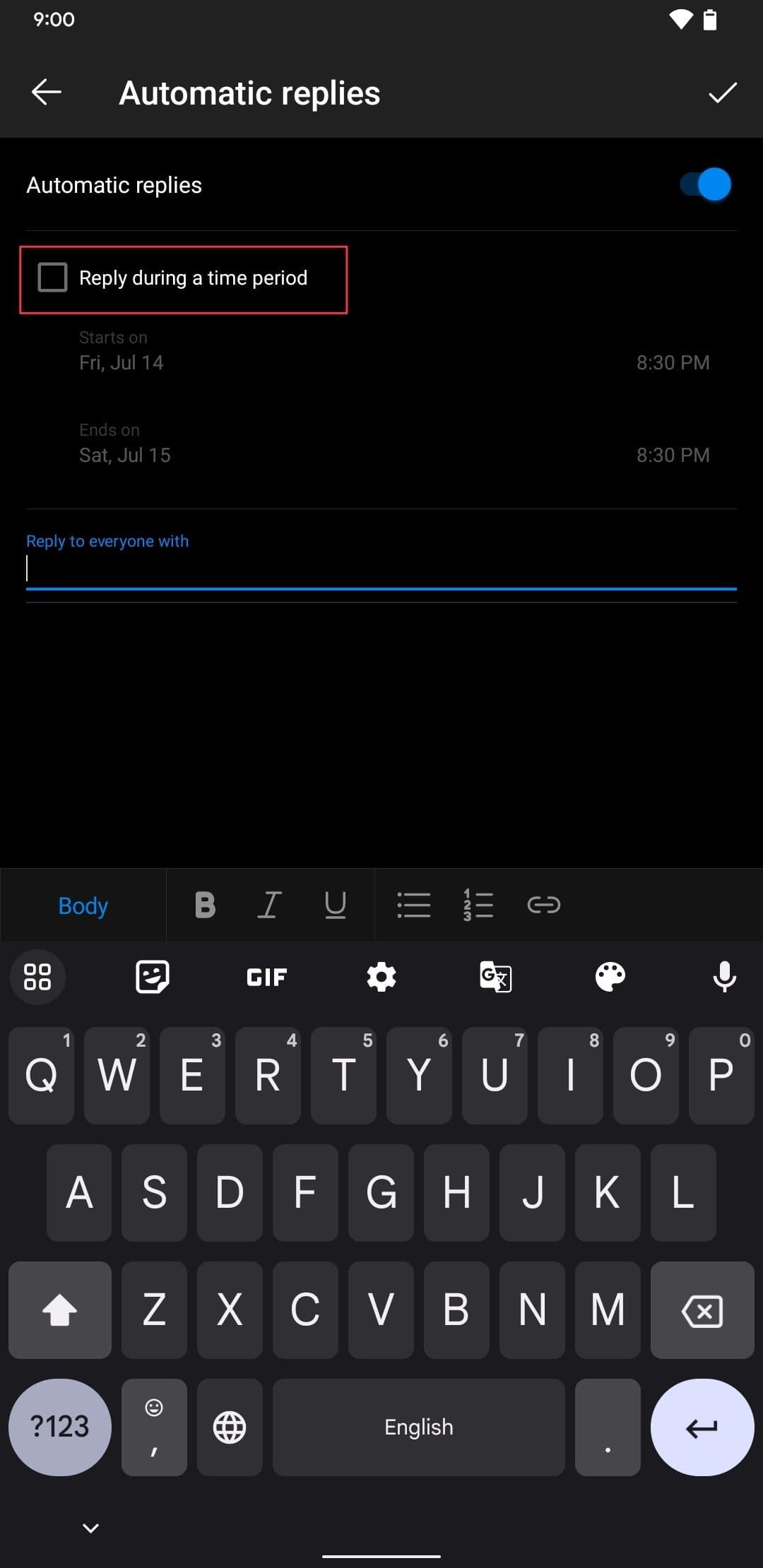 Ενεργοποίηση της επιλογής Απάντηση κατά τη διάρκεια μιας χρονικής περιόδου στην εφαρμογή Outlook Android