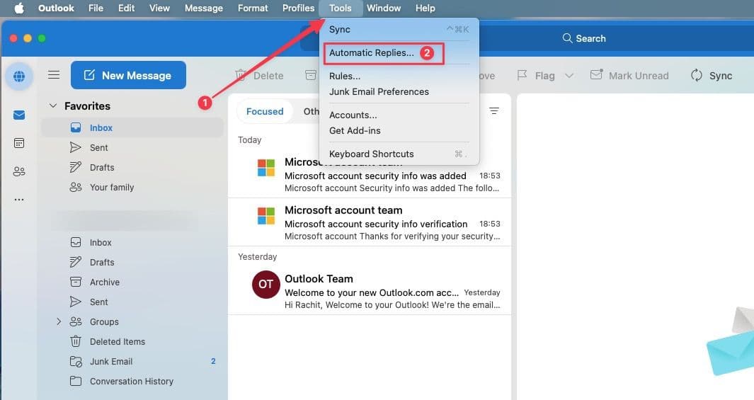 Χρησιμοποιώντας το στοιχείο της γραμμής μενού Εργαλεία για να ανοίξετε τις αυτόματες απαντήσεις