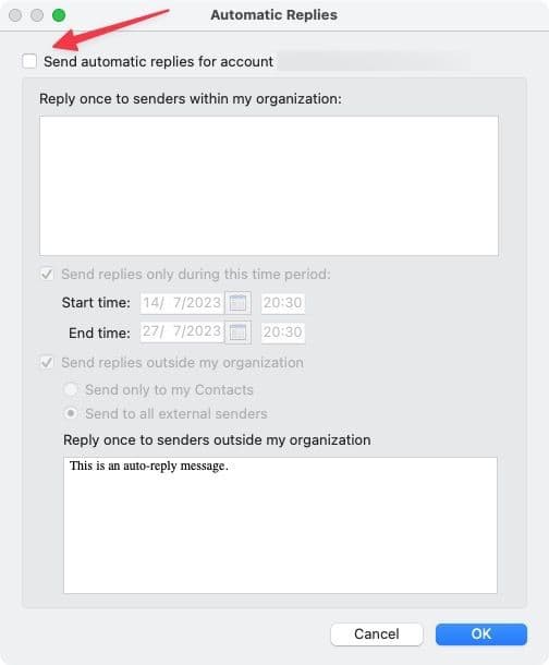 Το παράθυρο αυτόματες απαντήσεις του Outlook εμφανίζει την επιλογή Αποστολή αυτόματων απαντήσεων για λογαριασμό