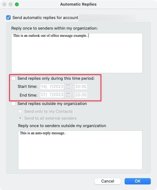 Στιγμιότυπο οθόνης που δείχνει την επιλογή αποστολής απαντήσεων μόνο κατά τη διάρκεια αυτής της χρονικής περιόδου