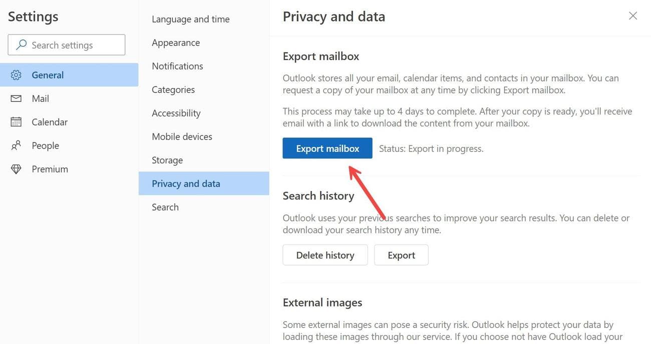 εξαγωγή γραμματοκιβωτίου στο Outlook web