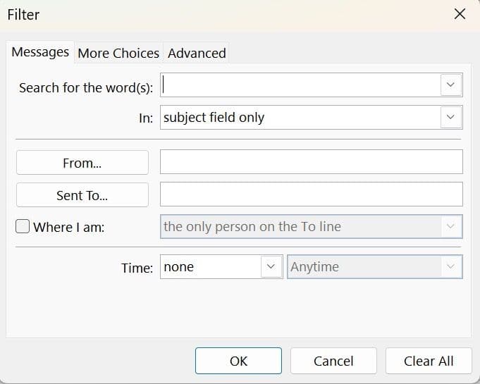μενού φίλτρου στο Outlook