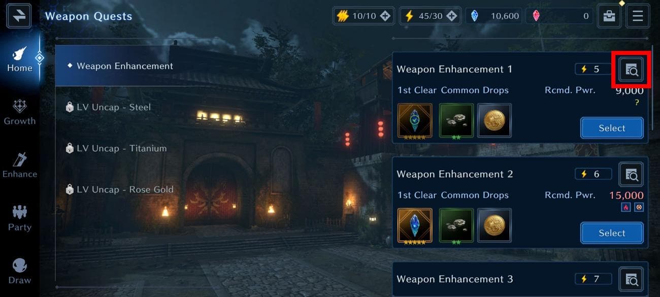 Κόκκινο τετράγωνο περίγραμμα πάνω από το κουμπί περισσότερων πληροφοριών στο Final Fantasy VII: Ever Crisis