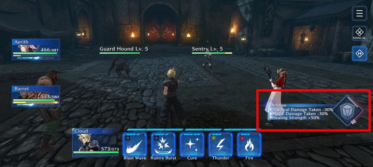 Κόκκινο ορθογώνιο περίγραμμα πάνω από τη στάση άμυνας στο Final Fantasy VII: Ever Crisis