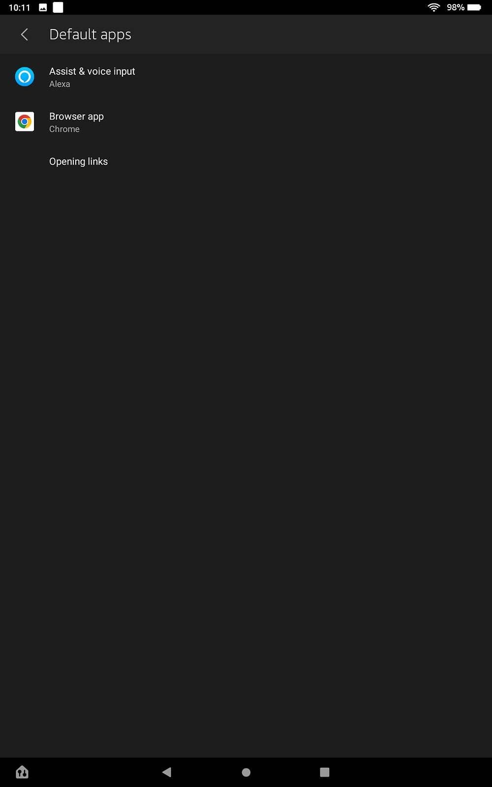 Το μενού Προεπιλεγμένες εφαρμογές σε μια καρτέλα Fire HD 10