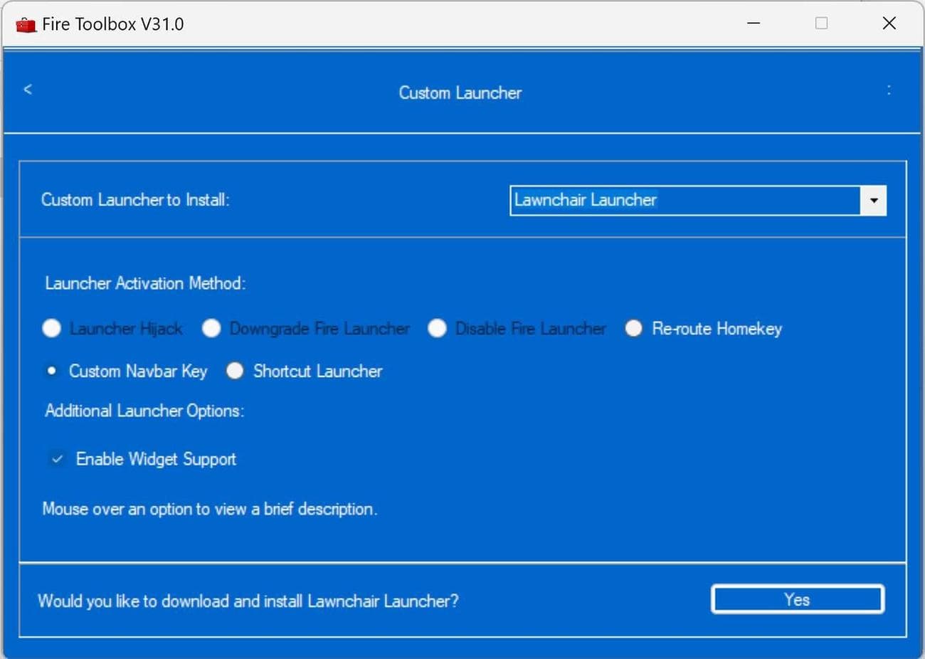 Επιλογή ρυθμίσεων εκκίνησης στο Fire Toolbox