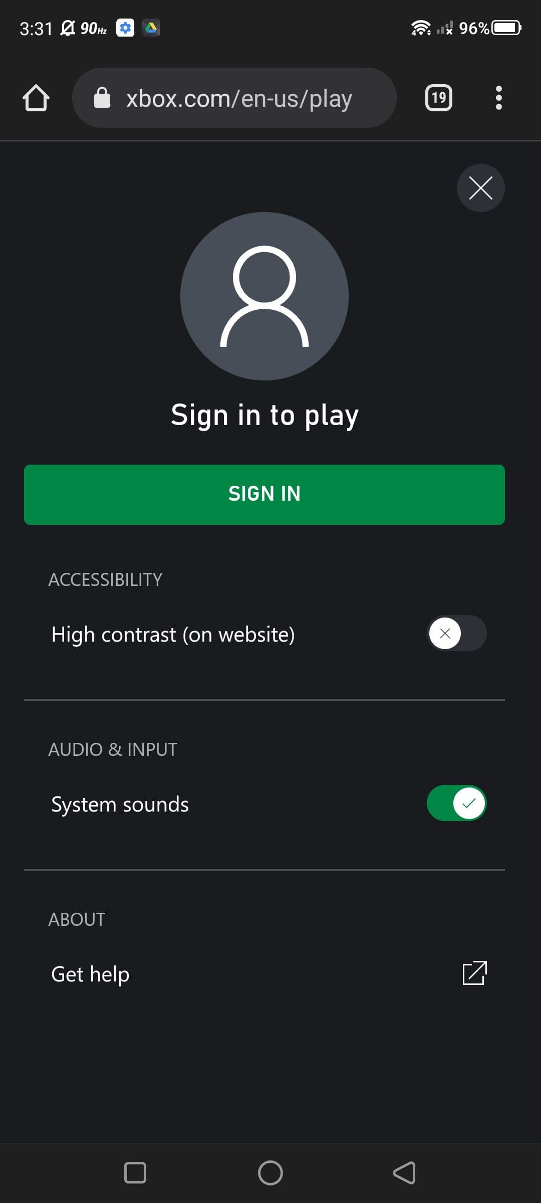 Στιγμιότυπο οθόνης σύνδεσης στο xCloud