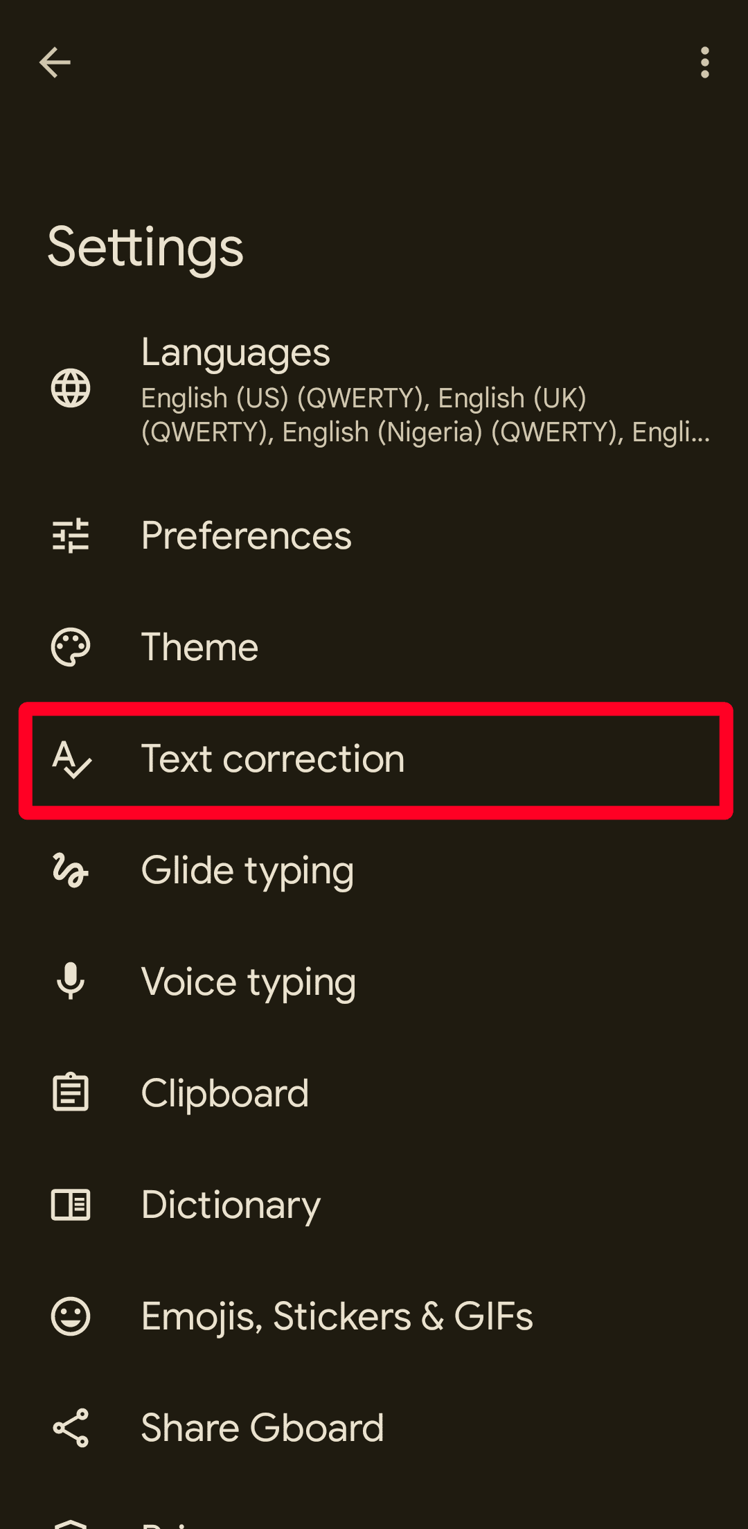 Μενού ρυθμίσεων του Gboard
