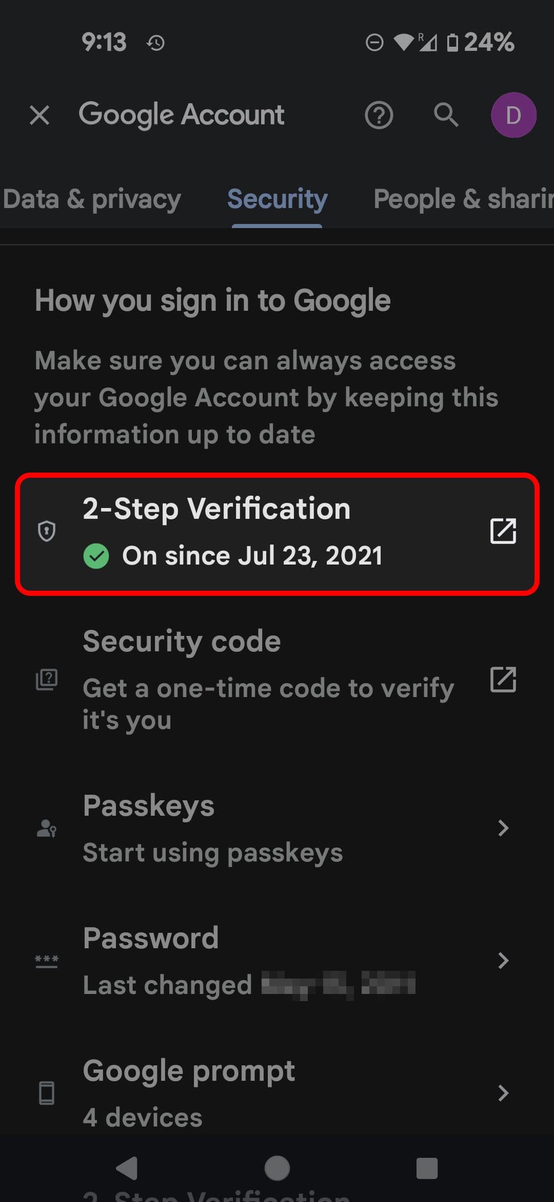 Λογαριασμός Google για κινητές συσκευές Μενού ασφαλείας που επισημαίνει την επιλογή επαλήθευσης σε δύο βήματα