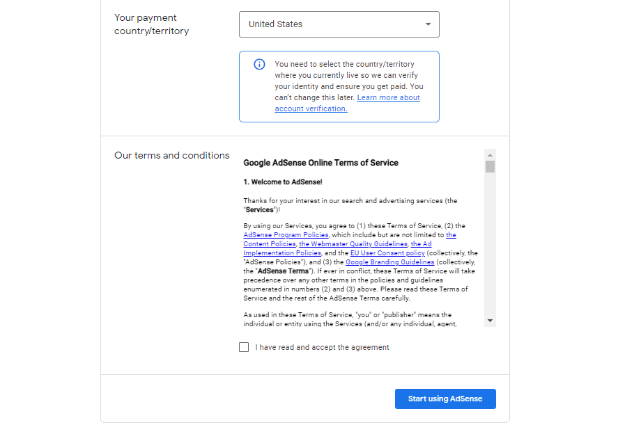 Google AdSense sign up web page