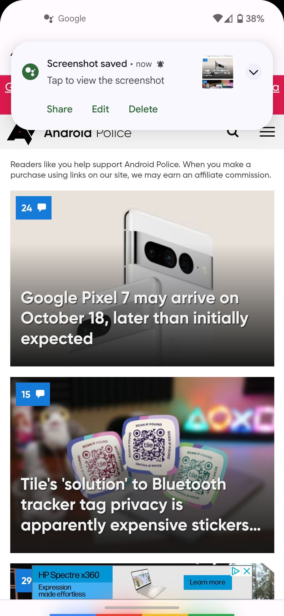 Η ειδοποίηση Αποθηκευμένο στιγμιότυπο οθόνης αφού ο Βοηθός Google τραβήξει ένα στιγμιότυπο οθόνης σε τηλέφωνο Android