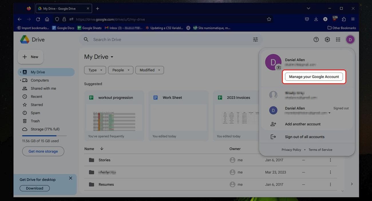 Το μενού προφίλ ιστού του Google Drive επισημαίνει την επιλογή Διαχείριση του Λογαριασμού σας Google