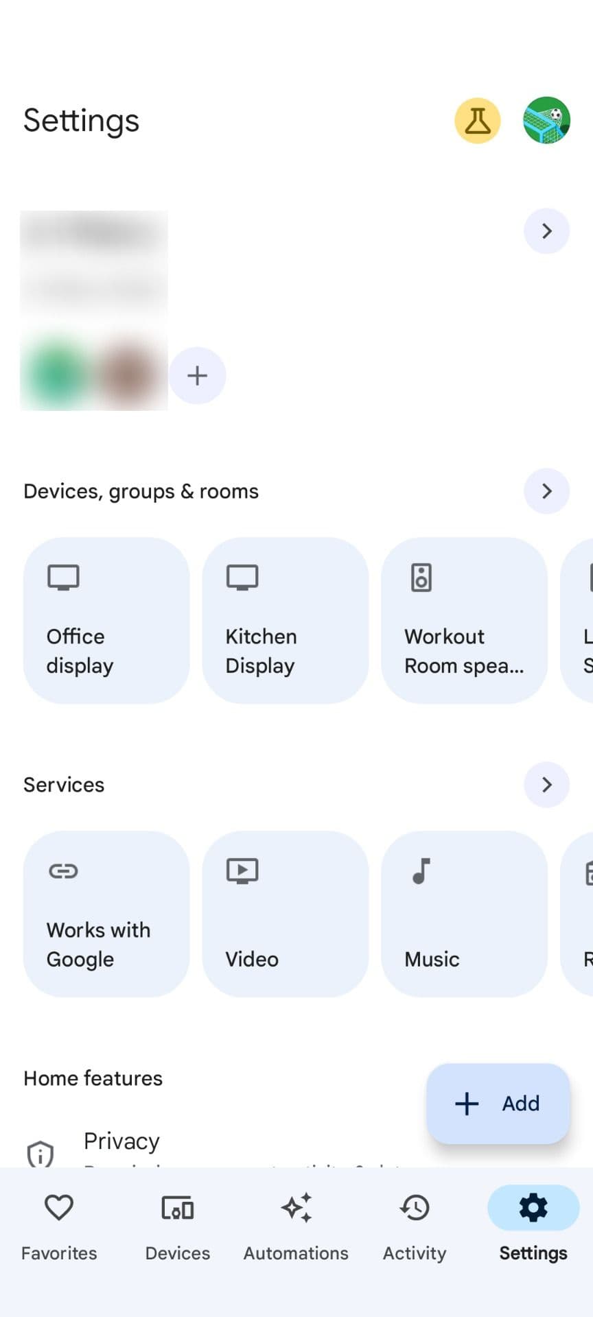 Η καρτέλα Ρυθμίσεις της εφαρμογής Google Home