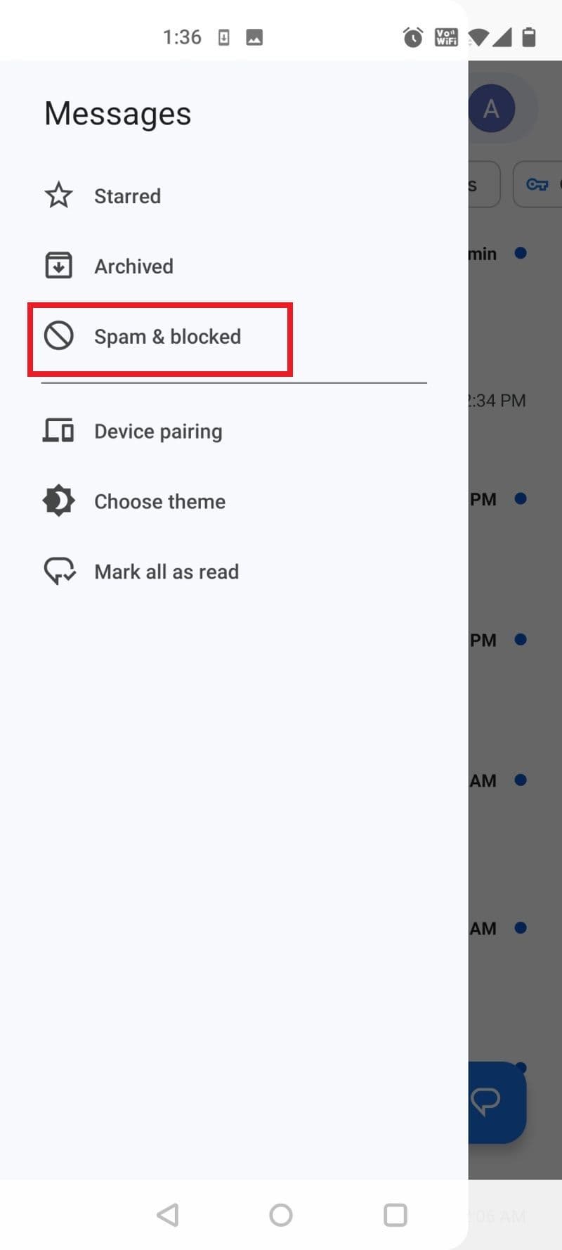 Στιγμιότυπο οθόνης της επιλογής Ανεπιθύμητα και αποκλεισμένη στην εφαρμογή Μηνύματα Google