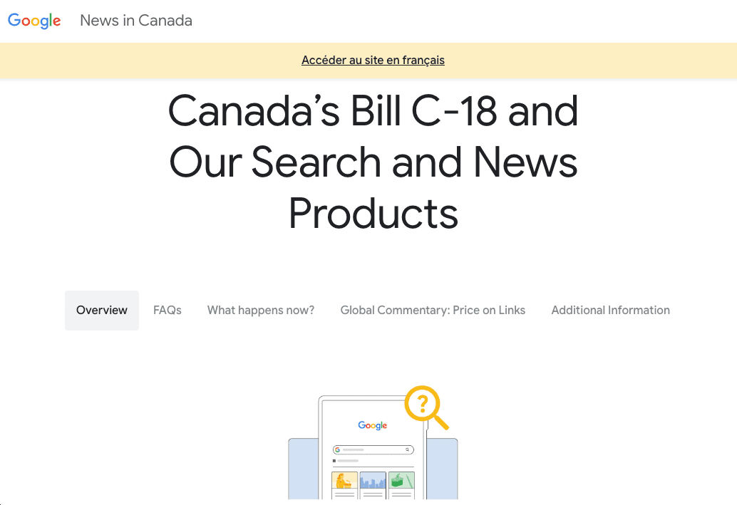 Στιγμιότυπο οθόνης του ιστότοπου Συχνών Ερωτήσεων της Google σχετικά με τις ειδήσεις στο μέλλον στον Καναδά